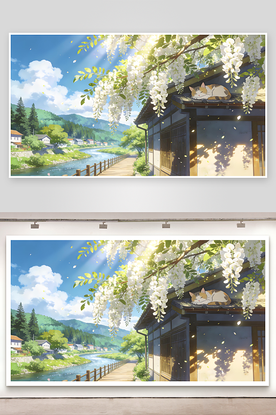 日系乡村春日午后猫咪插画治愈系风景-众图网