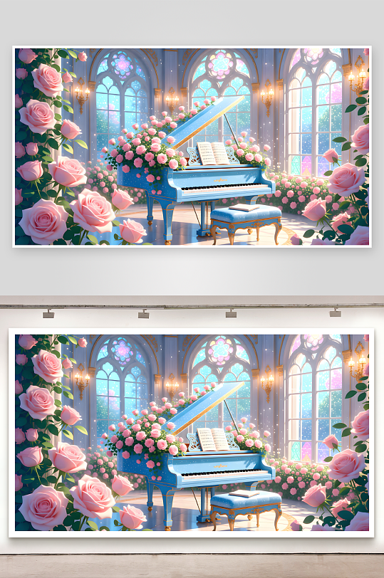 装饰童话场景浪漫插画星光优雅钢琴美景治愈-众图网