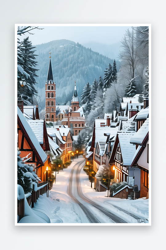 欧洲冬季的小镇雪景风光壮丽