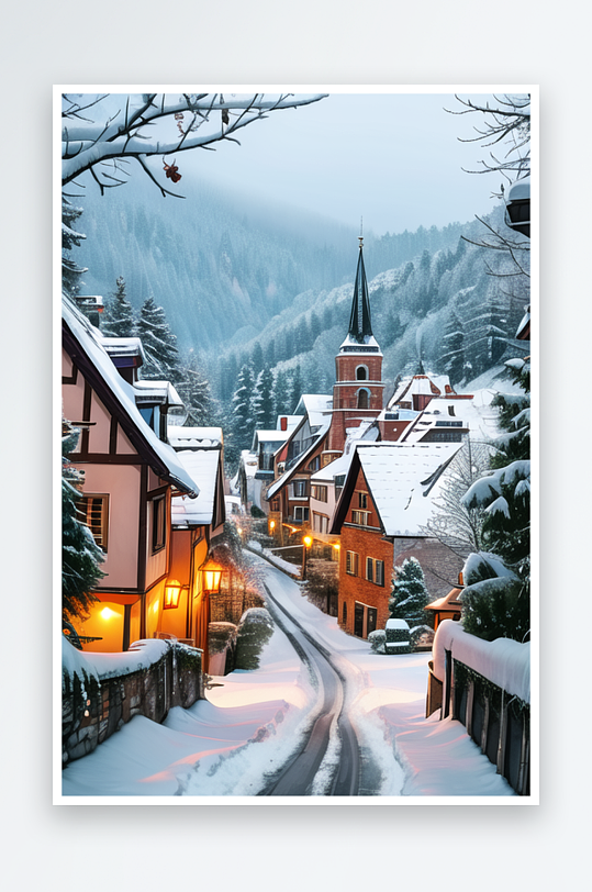 欧洲冬季的小镇雪景风光壮丽
