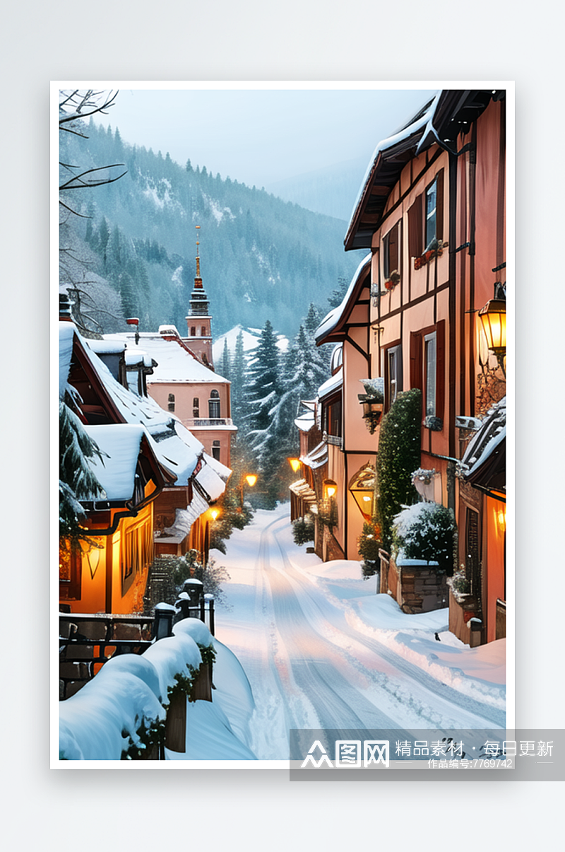 欧洲冬季的小镇雪景风光壮丽素材