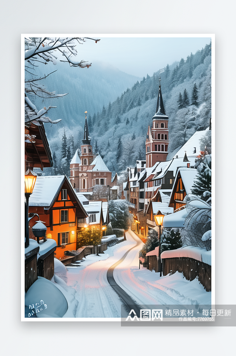 欧洲冬季的小镇雪景风光壮丽素材