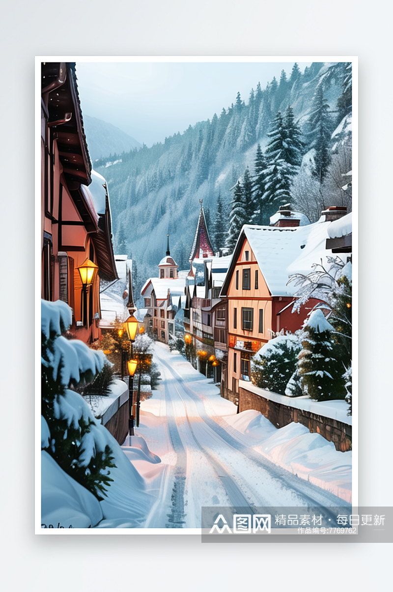 欧洲冬季的小镇雪景风光壮丽1素材