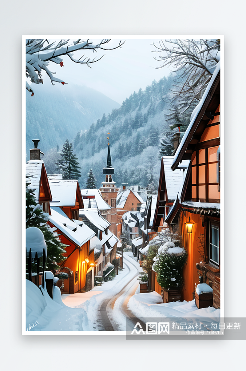 欧洲冬季的小镇雪景风光壮丽1素材