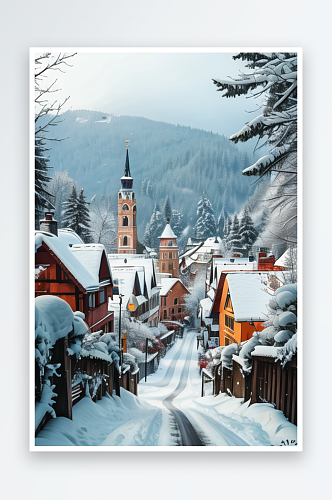 欧洲冬季的小镇雪景风光壮丽2