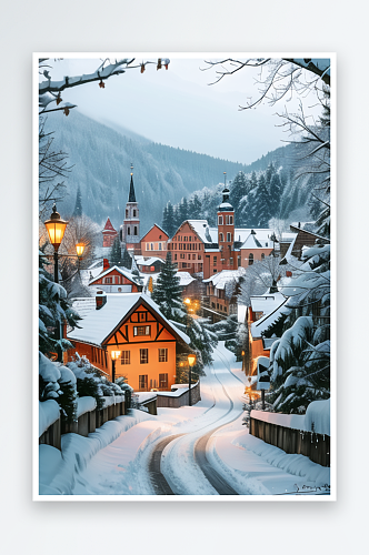 欧洲冬季的小镇雪景风光壮丽5
