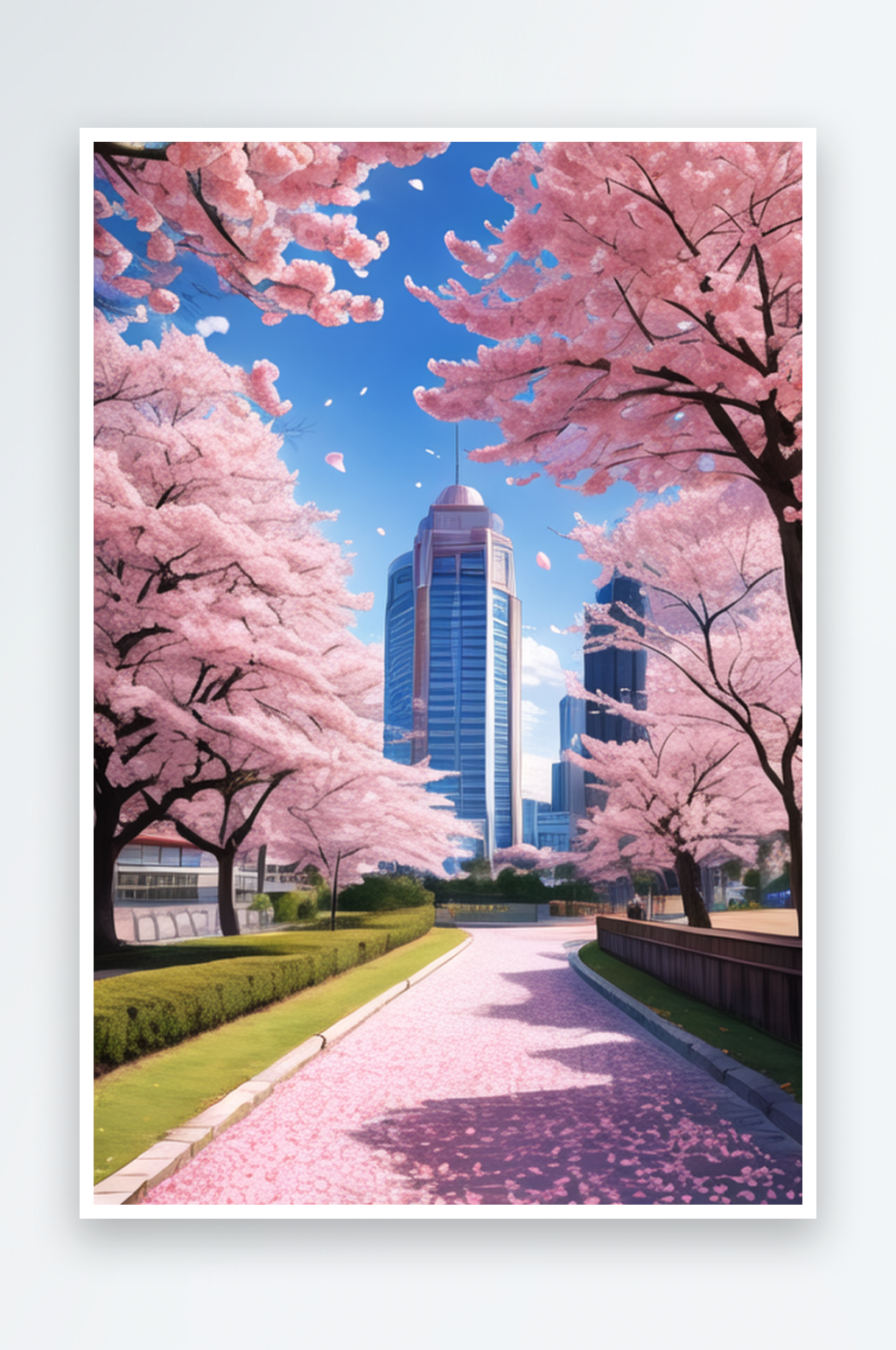 粉色的樱花大道和蓝天白云素材