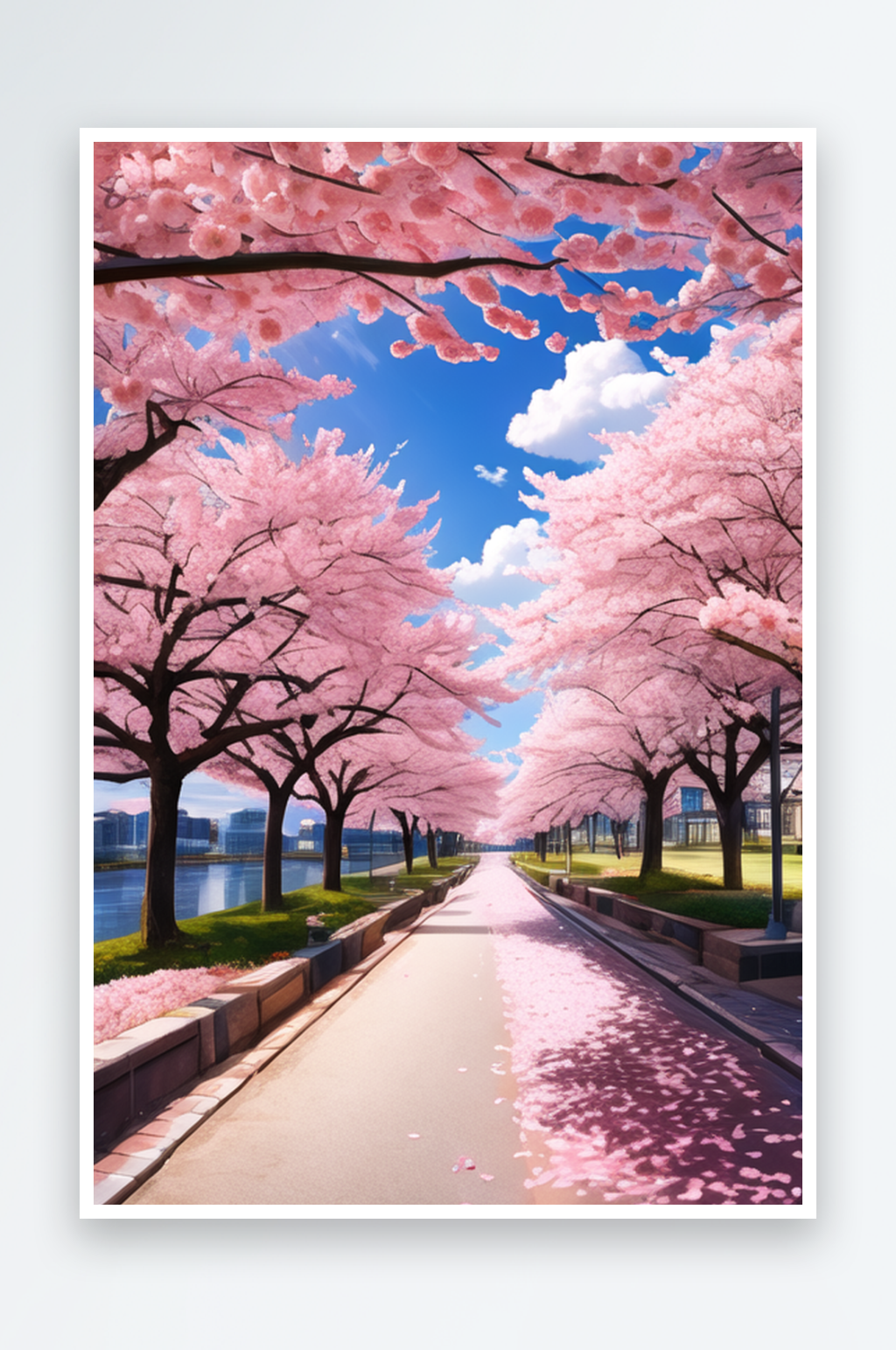 粉色的樱花大道和蓝天白云3素材