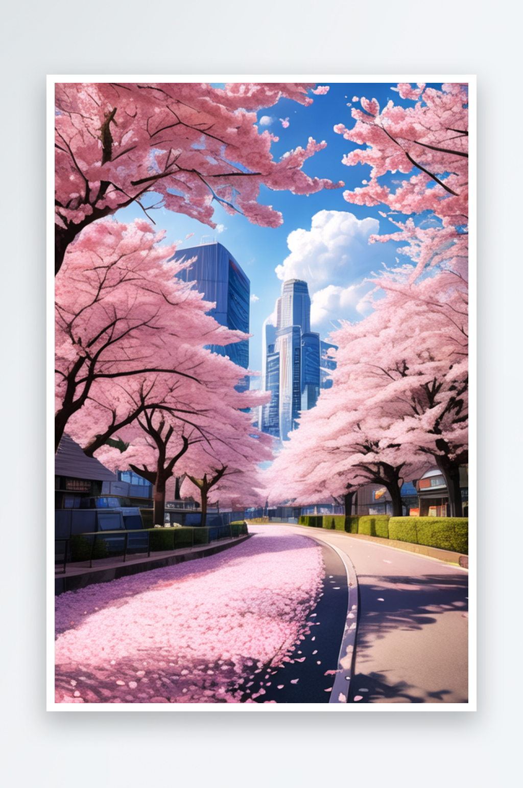 粉色的樱花大道和蓝天白云3素材