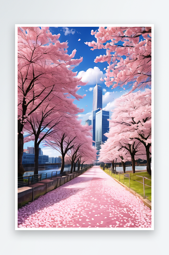 粉色的樱花大道和蓝天白云5