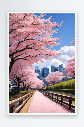粉色美丽的樱花树和蓝天白云
