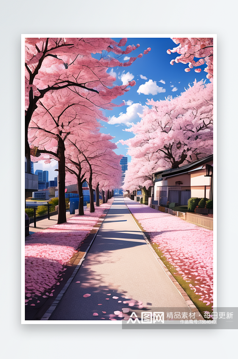 粉嫩樱花簇拥的浪漫大道1素材