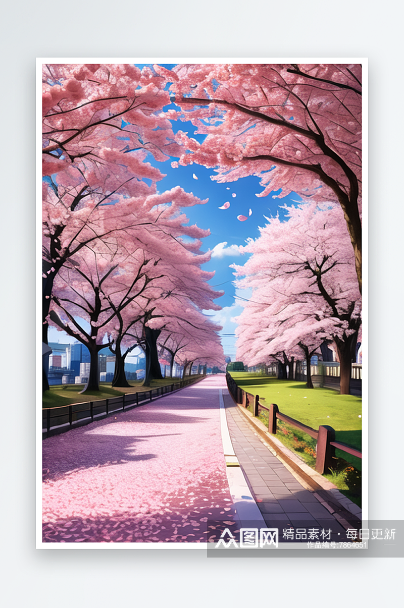 粉嫩樱花簇拥的浪漫大道1素材