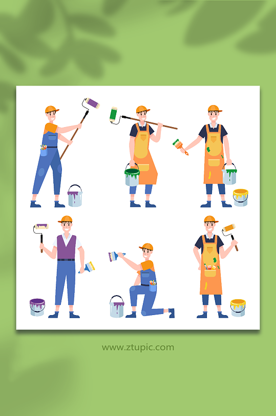 油漆工人施工形态插画元素-众图网