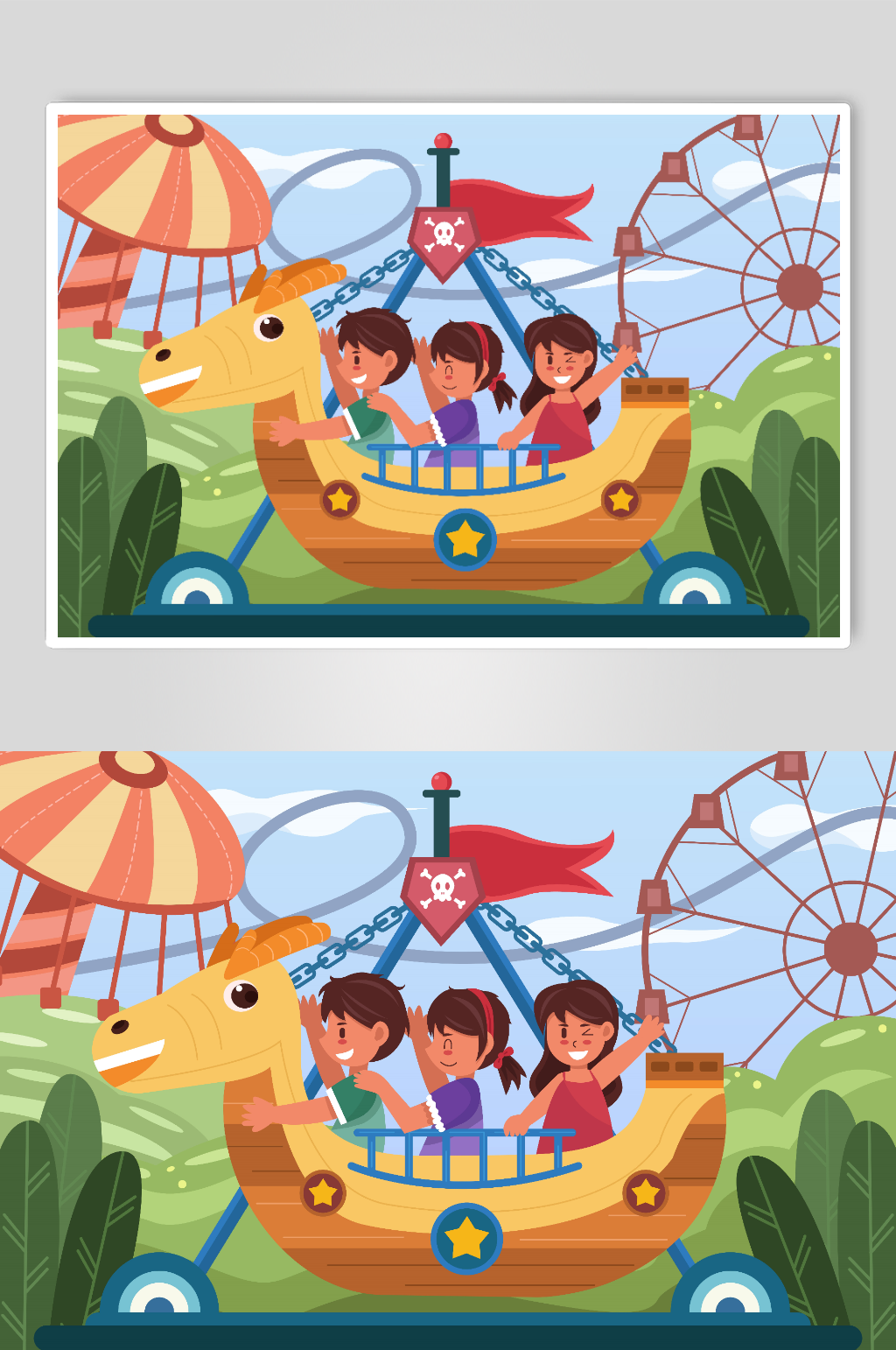 儿童游乐园海盗船人物插画素材