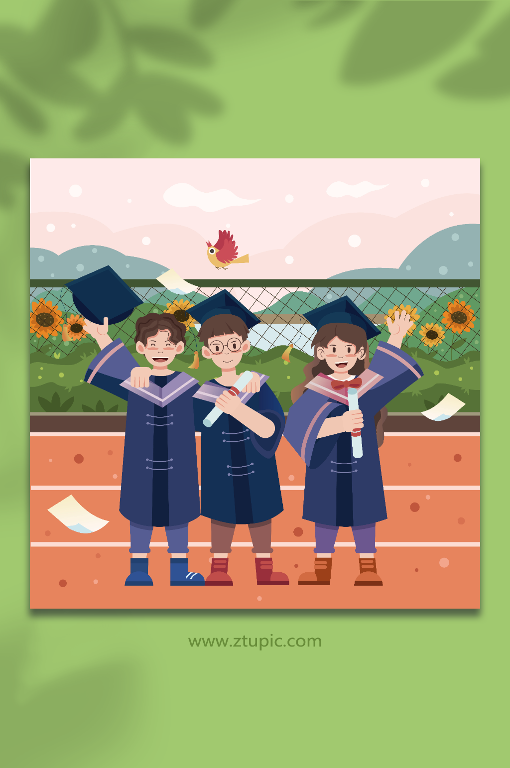 学士服合影毕业季卡通人物插画素材