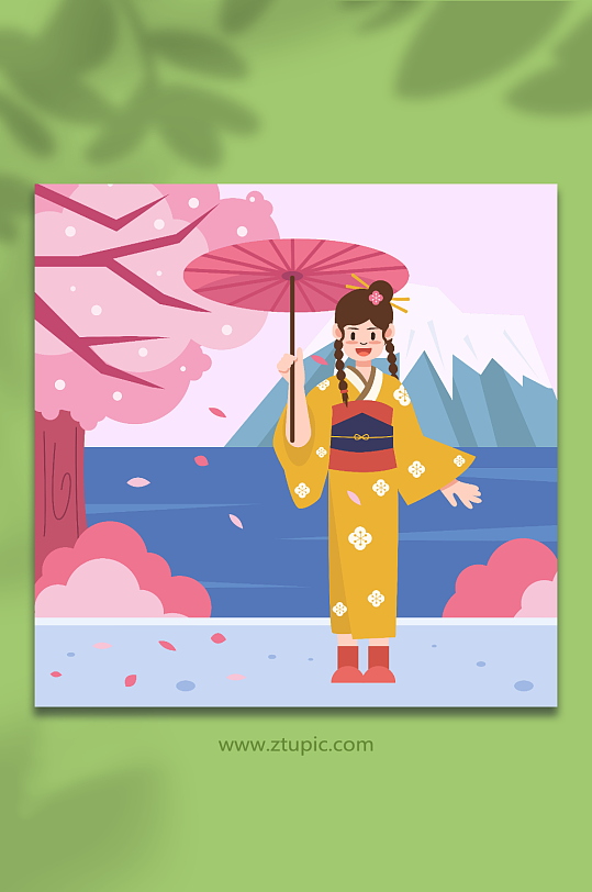 日本风情樱花季和服人物插画元素