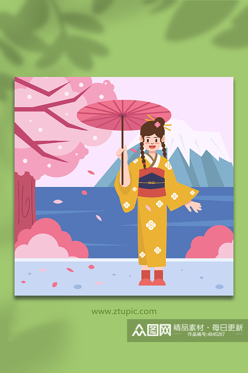 日本风情樱花季和服人物插画元素素材