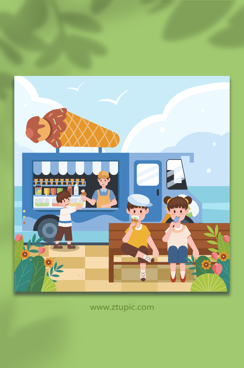 立夏节气夏天吃雪糕卡通人物插画素材