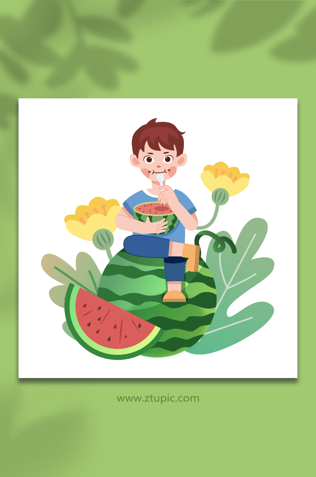 夏季卡通吃西瓜的小男孩元素插画素材