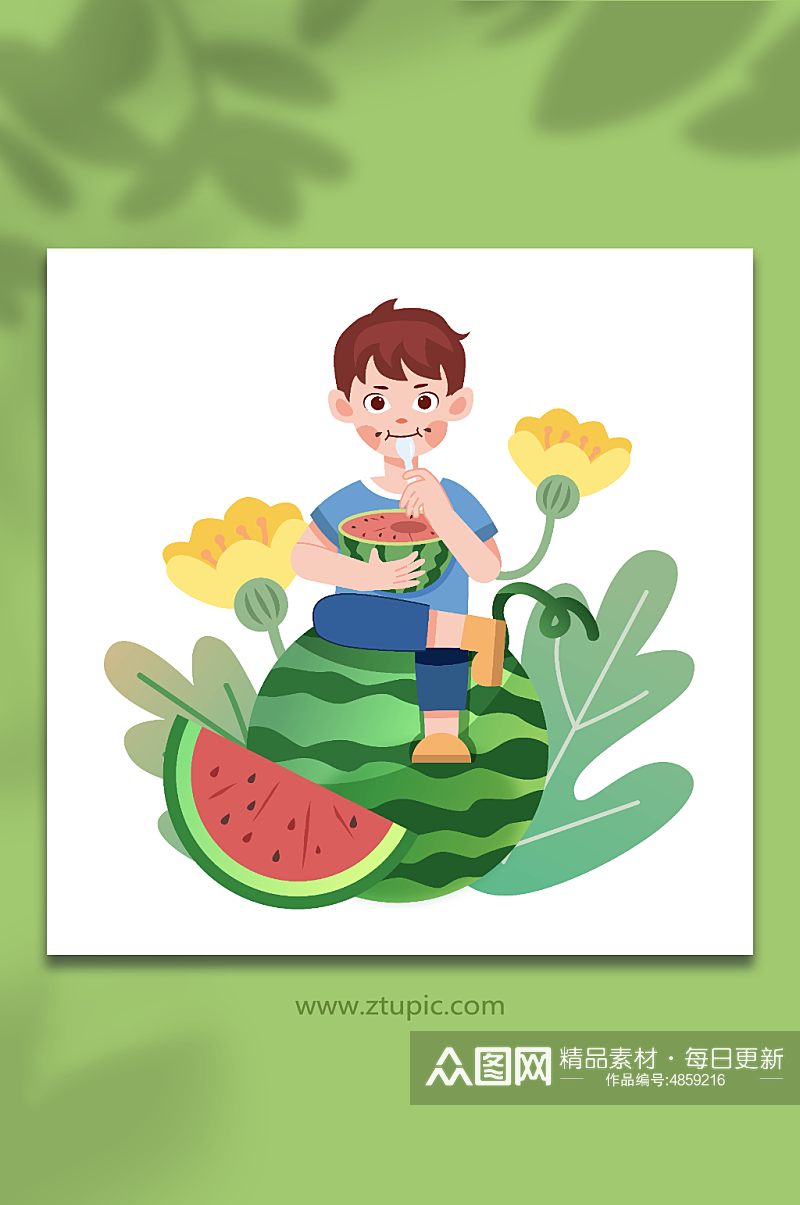 夏季卡通吃西瓜的小男孩元素插画素材
