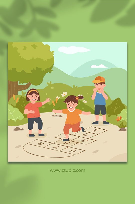 卡通儿童节跳房子游戏插画-众图网