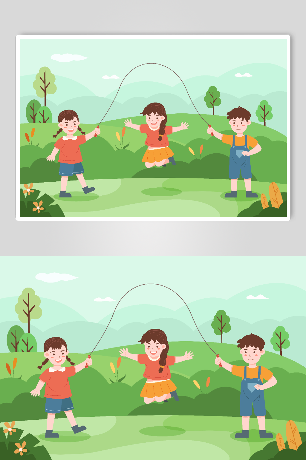卡通儿童节跳皮筋游戏插画素材