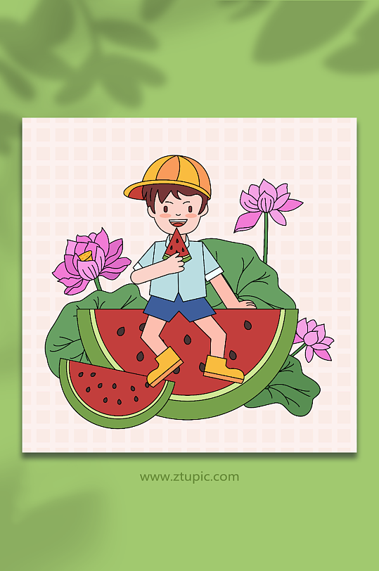 夏季线描吃西瓜的人物插画