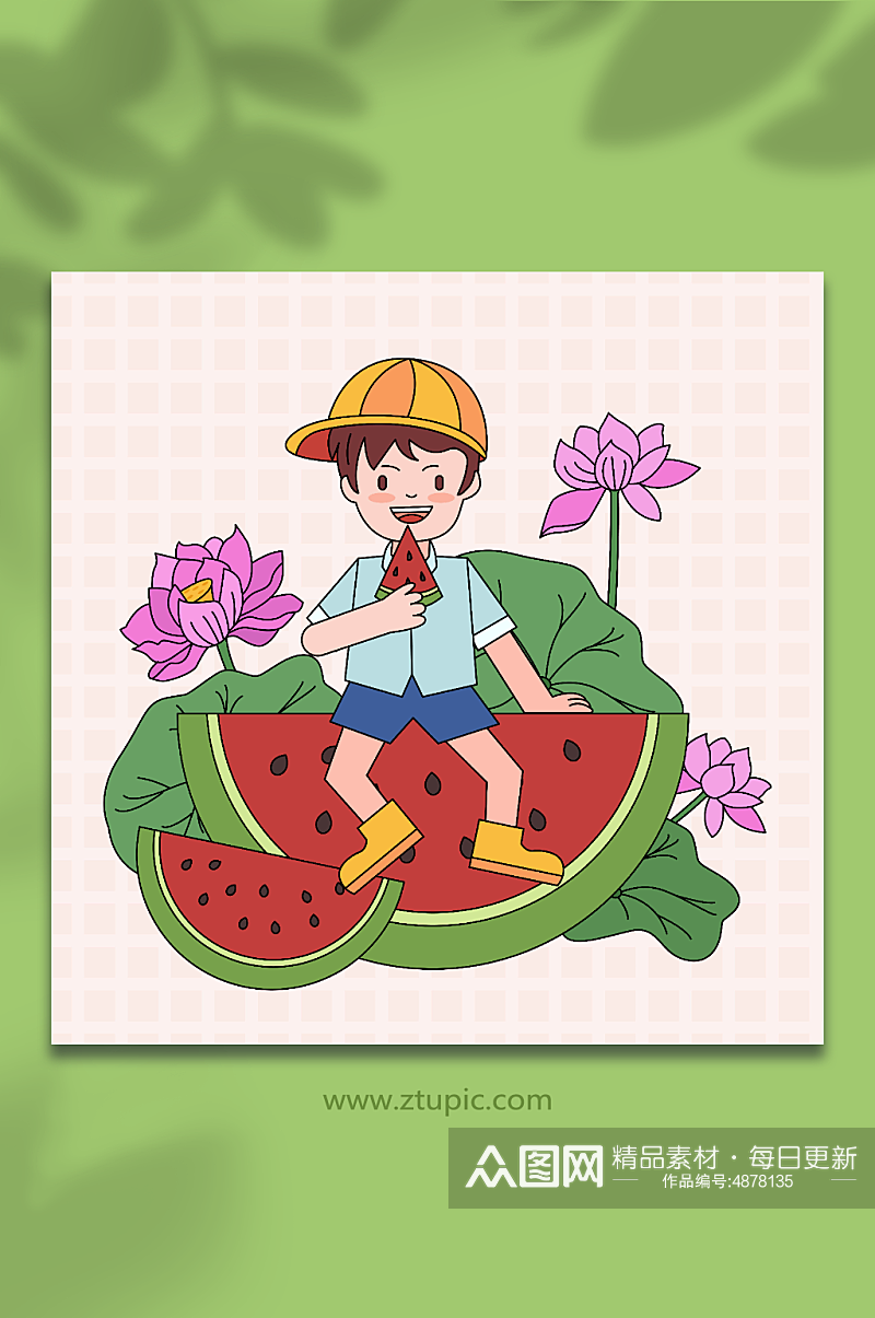 夏季线描吃西瓜的人物插画素材