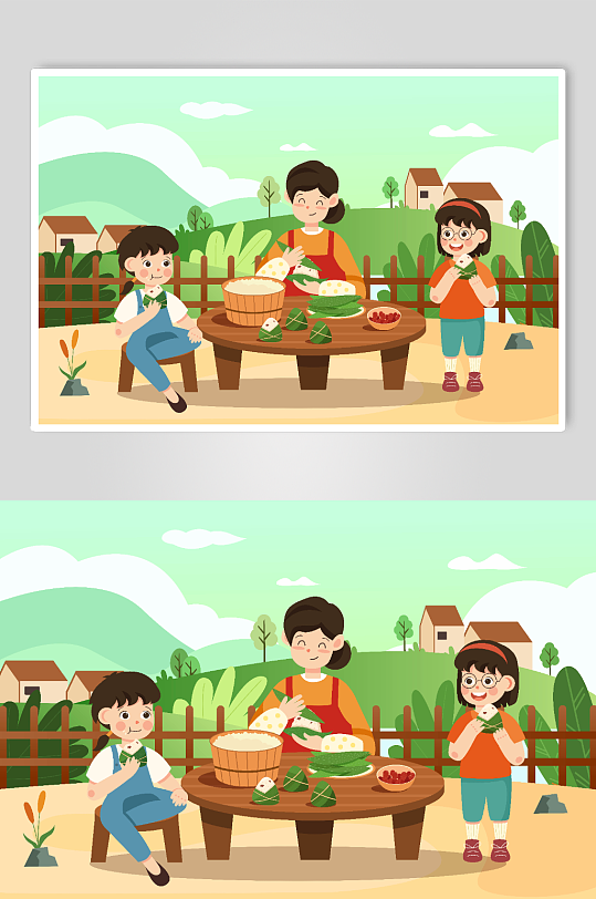 端午節(jié)包粽子的人物插畫