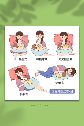 卡通矢量正确哺乳姿势母乳喂养插画