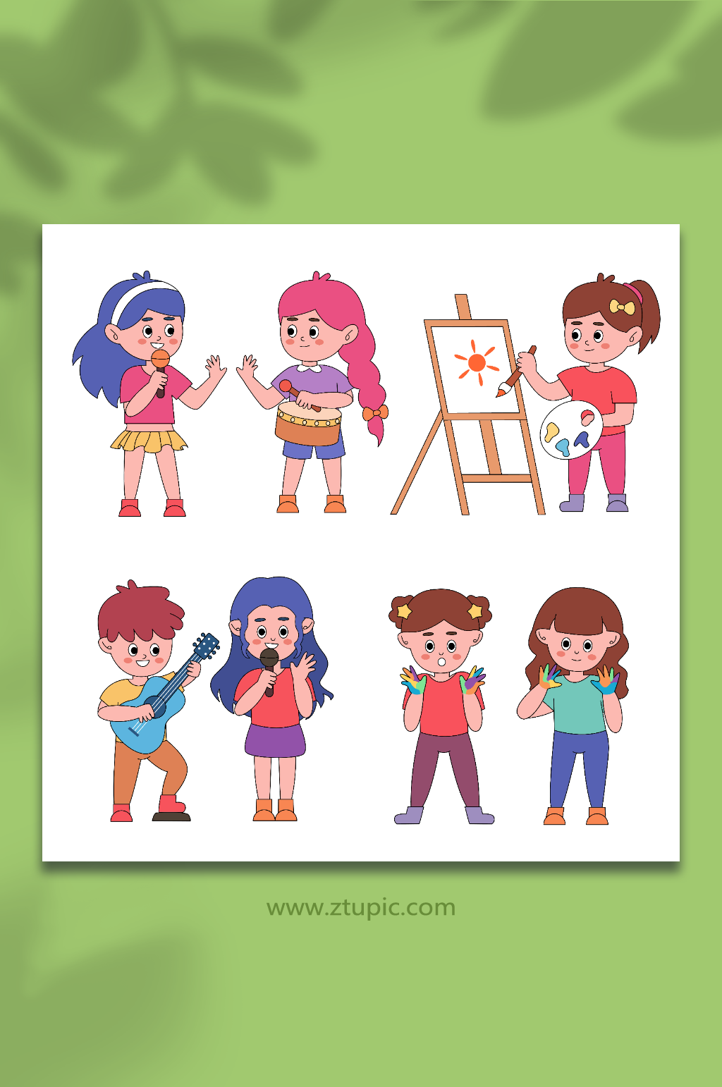 卡通线描唱歌娱乐的小孩儿童人物插画素材下载-众图网