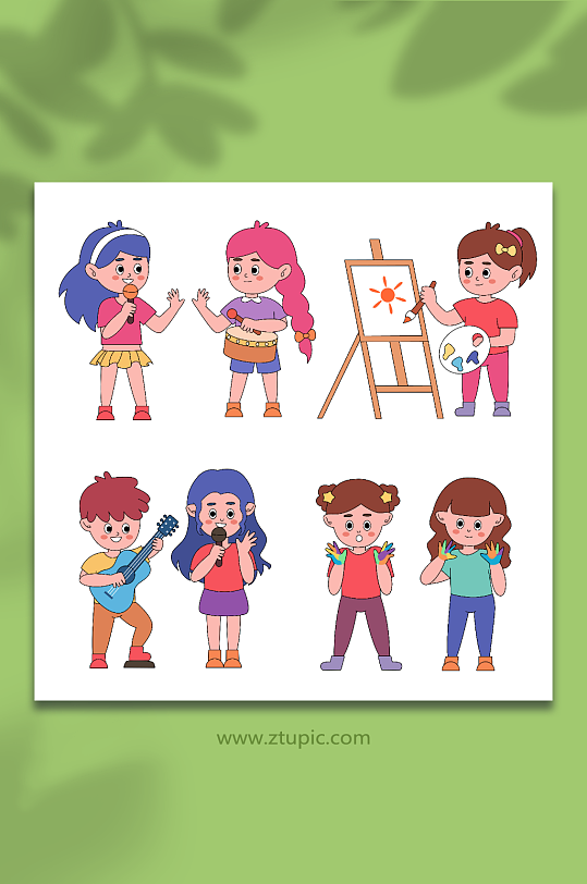 卡通线描唱歌娱乐的小孩儿童人物插画-众图网