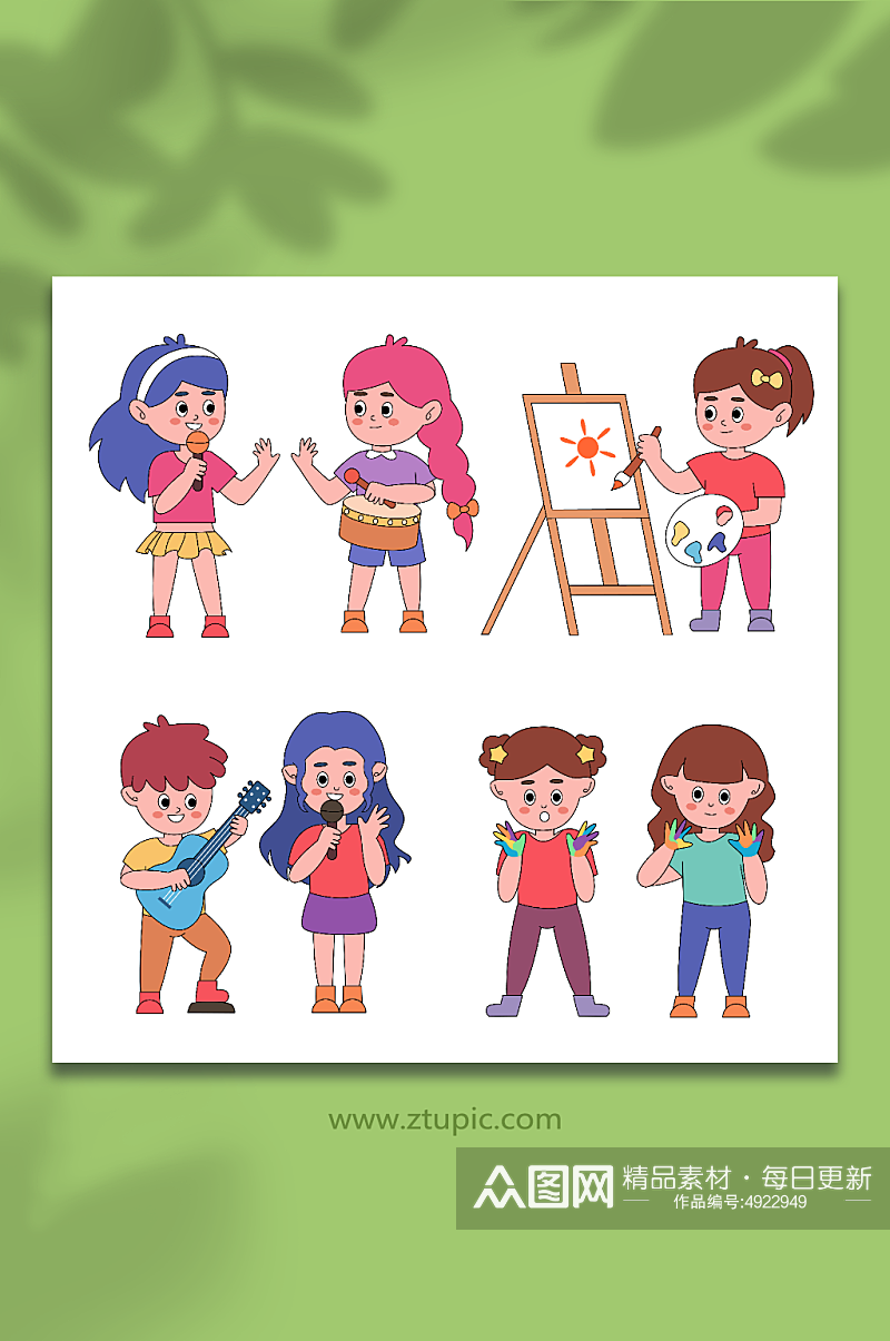 卡通线描唱歌娱乐的小孩儿童人物插画素材下载-众图网