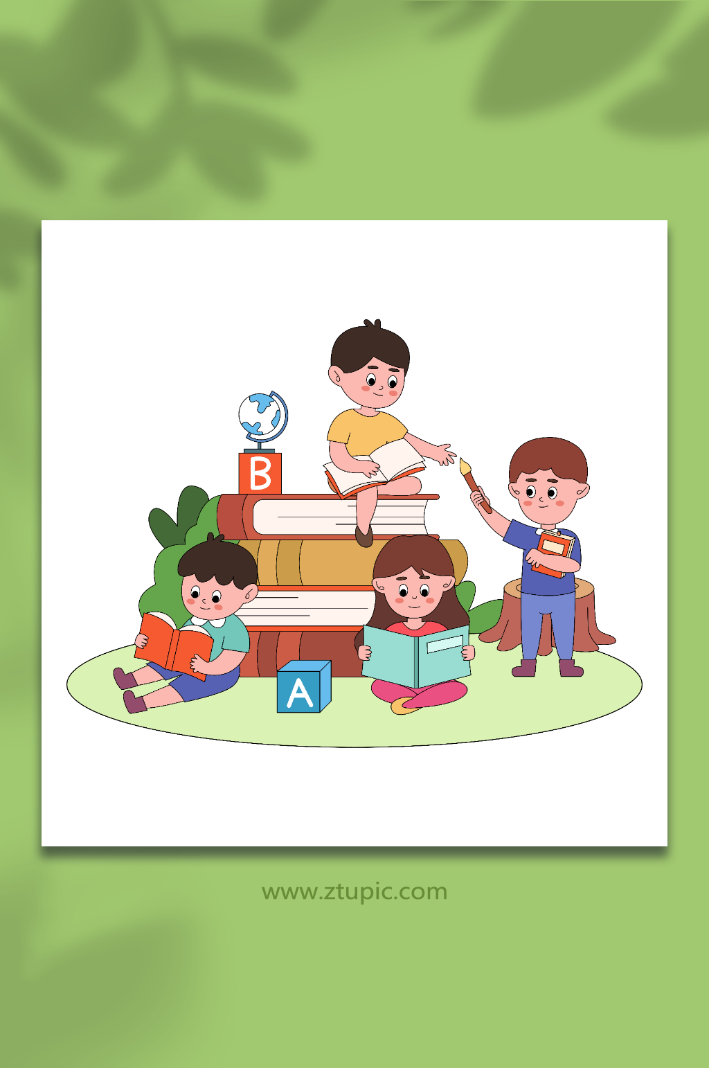 卡通看书学习的儿童插画素材