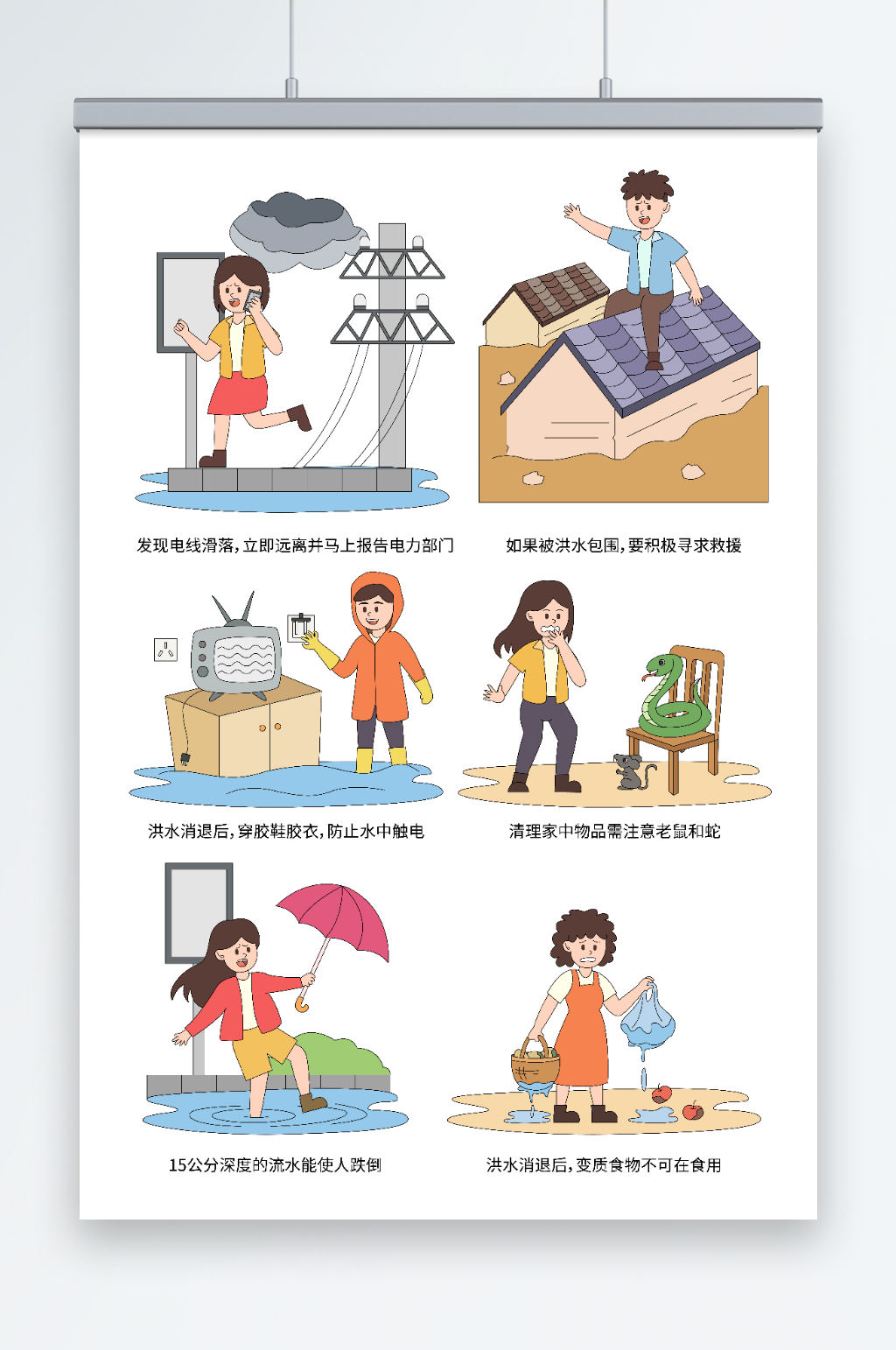 卡通矢量夏季防汛防洪安全知识插画素材