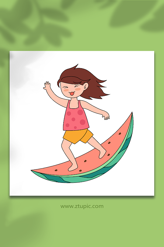 大暑节气踩着西瓜皮冲浪的小女孩插画元素