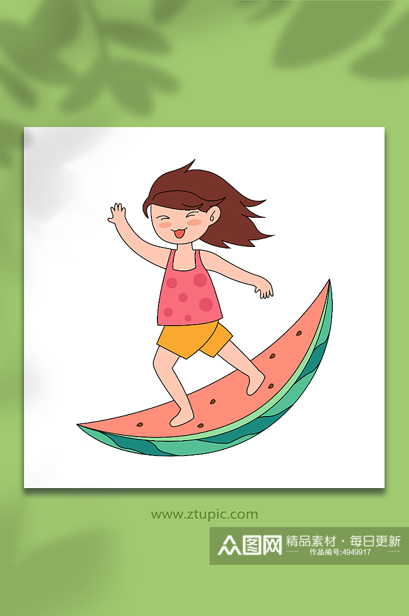 大暑节气踩着西瓜皮冲浪的小女孩插画元素素材
