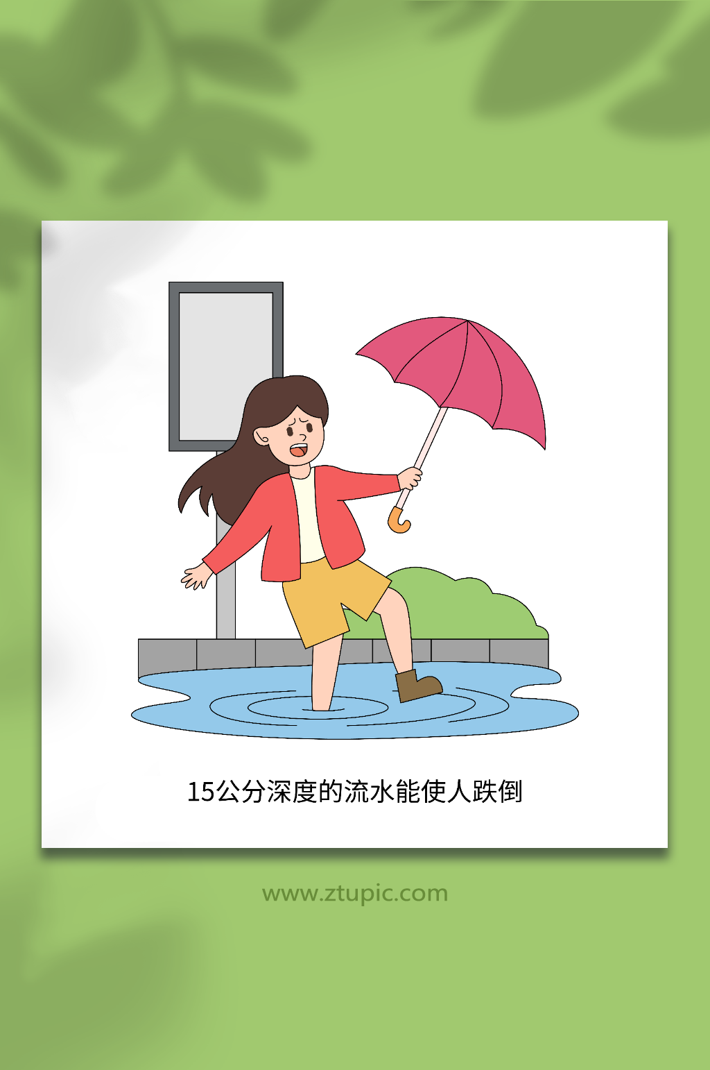 卡通小心水坑夏季防洪灾害安全应急知识插画素材