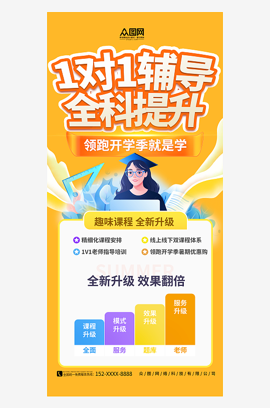 橙色简约一对一辅导全科提升班宣传海报-众图网