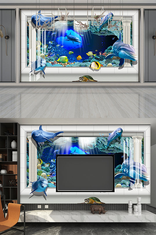 蓝色3D海底世界背景墙-众图网