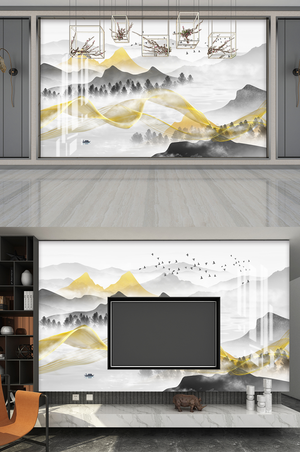 新中式电视背景墙装饰画素材