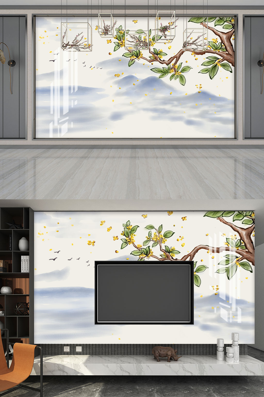 手绘树木植物风景背景墙素材