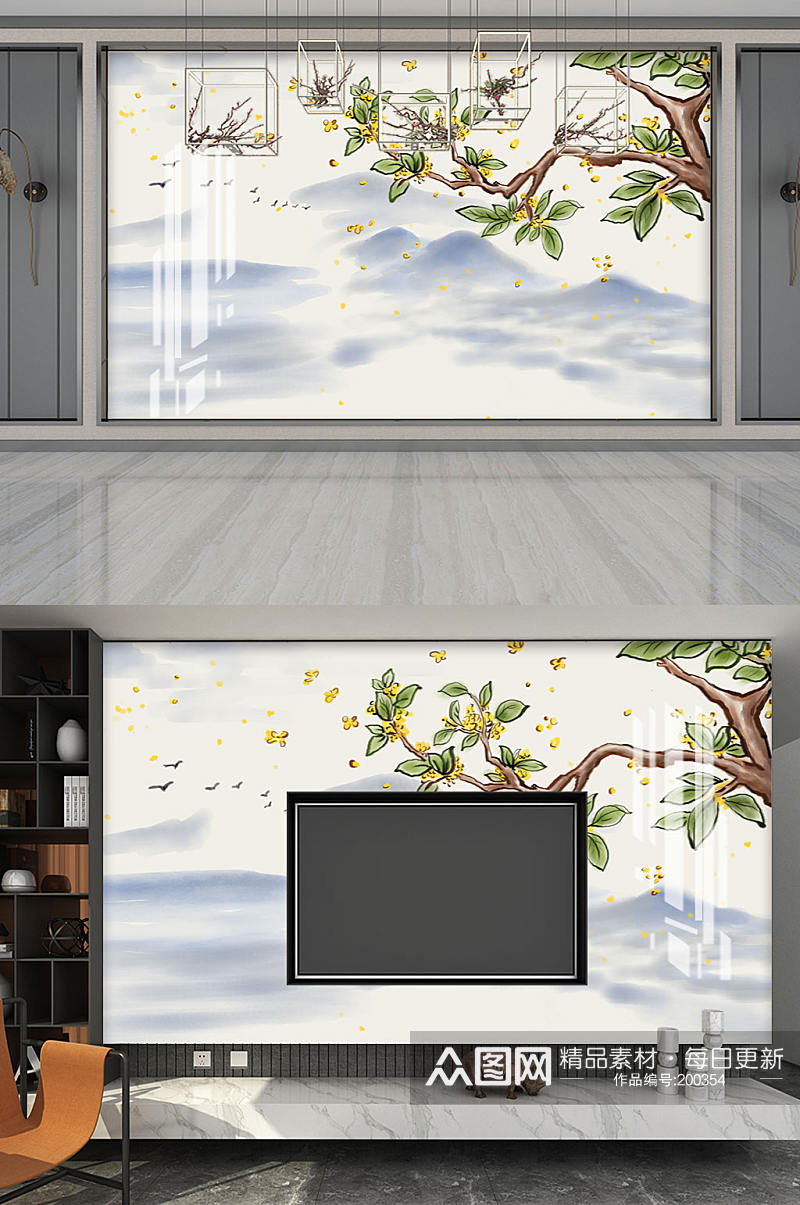 手绘树木植物风景背景墙素材