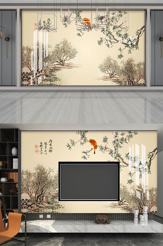 手绘工笔画风景电视墙-众图网
