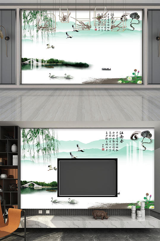 手绘山水画风景背景墙-众图网