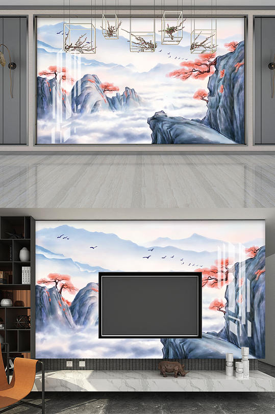 新中式山水画电视墙-众图网