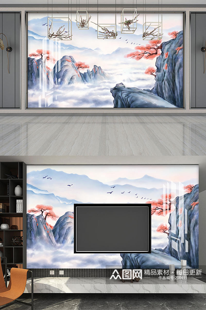 新中式山水画电视墙素材
