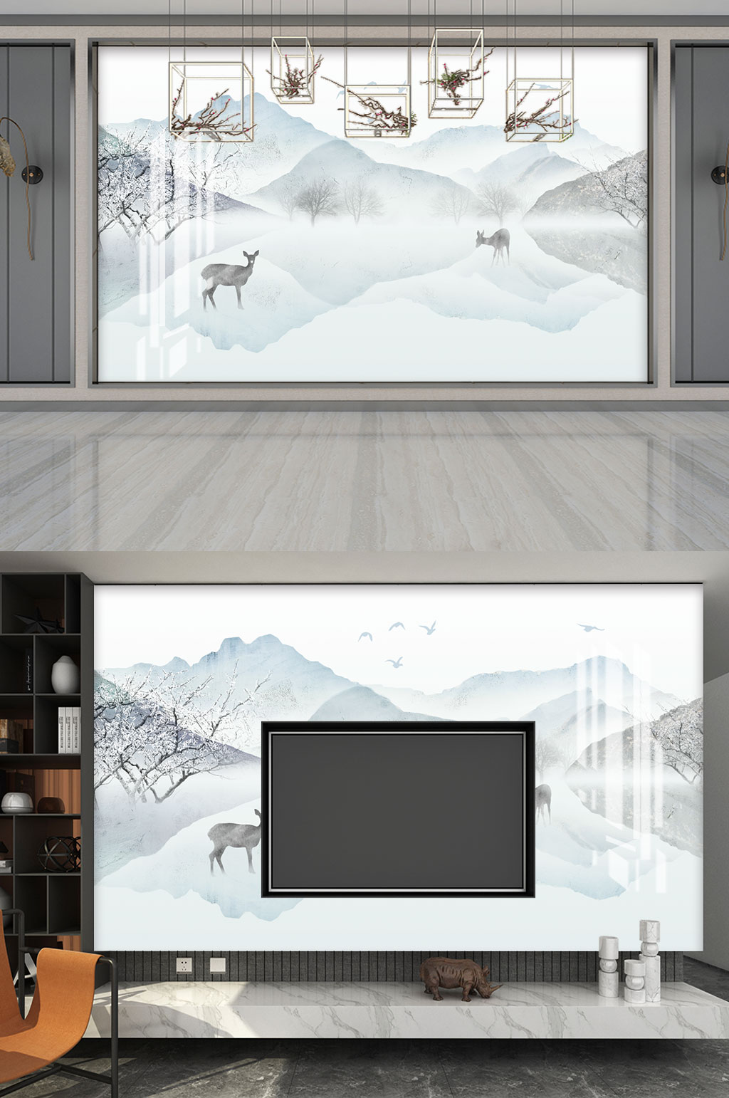 简约山水画电视墙素材