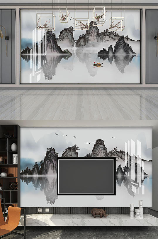 水墨中式山水画背景墙